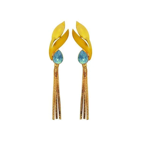 gold earrings for brides-Kriaa Blue Crystal Stone Gold Plated Dangler Earrings - 1313107B