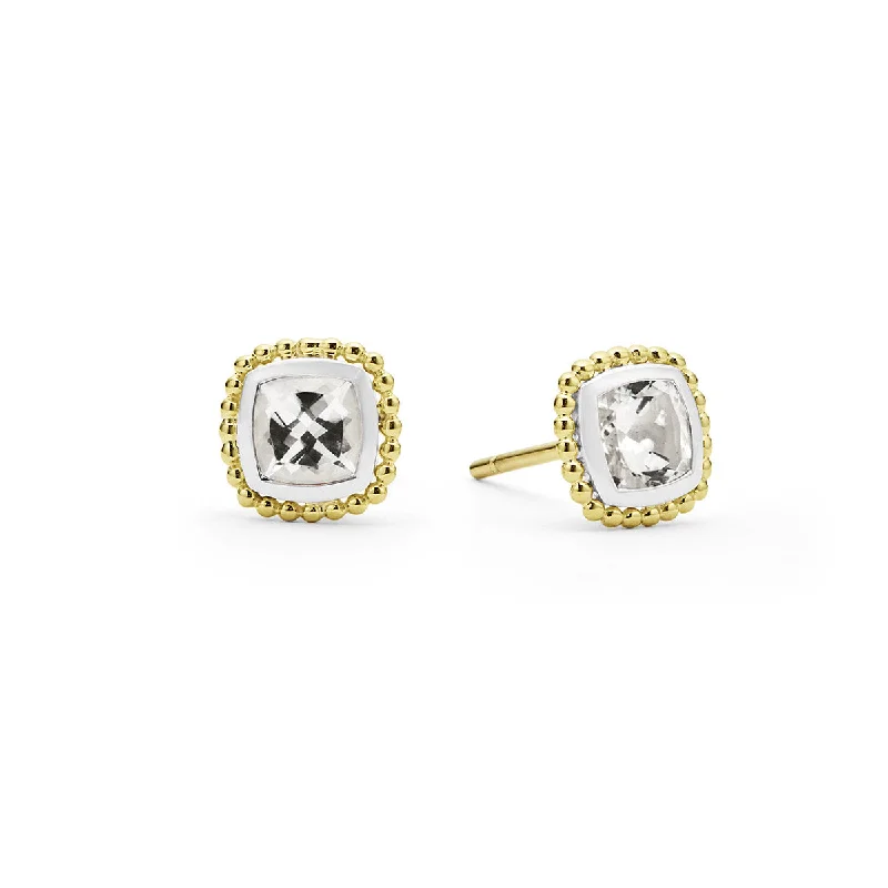 crystal earrings for women-Rittenhouse White Topaz Cushion Stud Earrings in Sterling Silver and 18K Yellow Gold, Size 7mm