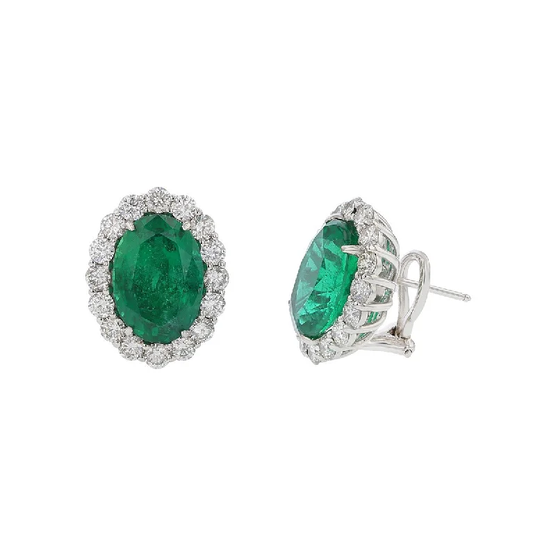 drop diamond earrings for women-Oval Emerald and Diamond Halo Stud Earrings