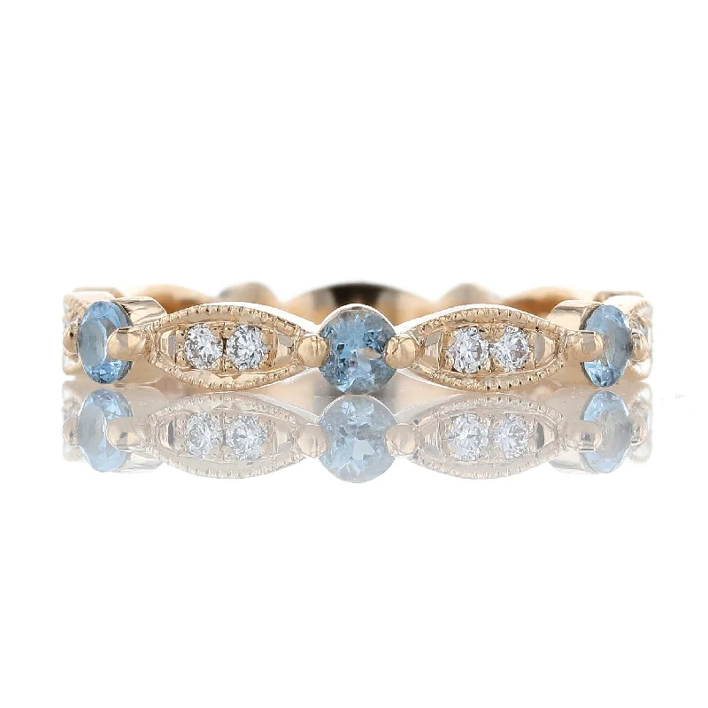 classic engagement rings for women-Vintage Scalloped Aquamarine & Diamond Wedding Band