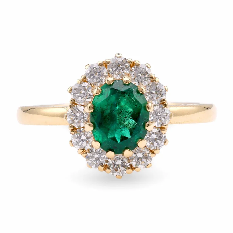 pearl engagement rings for women-Vintage Inspired Emerald Diamond 18K Yellow Gold Ring Cluster Ring