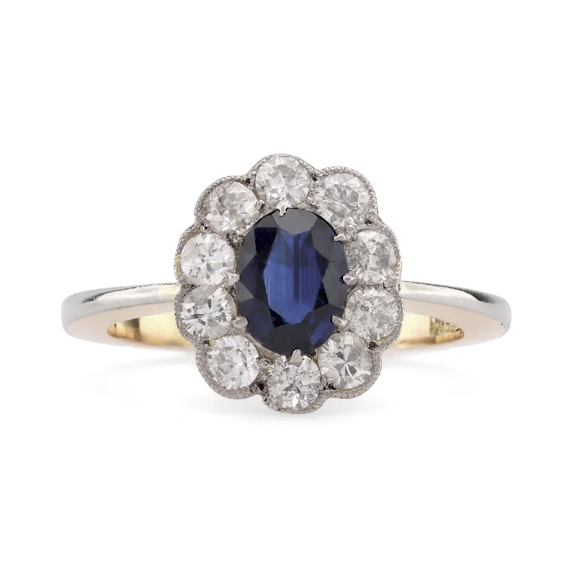 thin rings for women-Edwardian Style Sapphire Diamond 18K Yellow Gold Cluster Ring