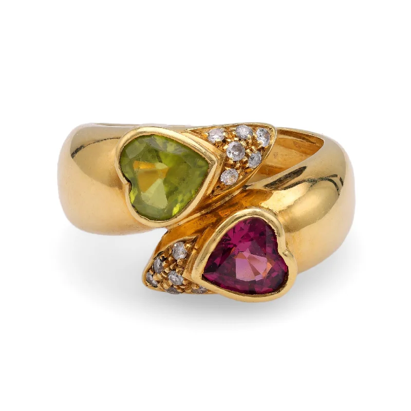 double band rings for women-Heart Shaped Peridot and Rubellite Diamond Yellow Gold Bypass Ring