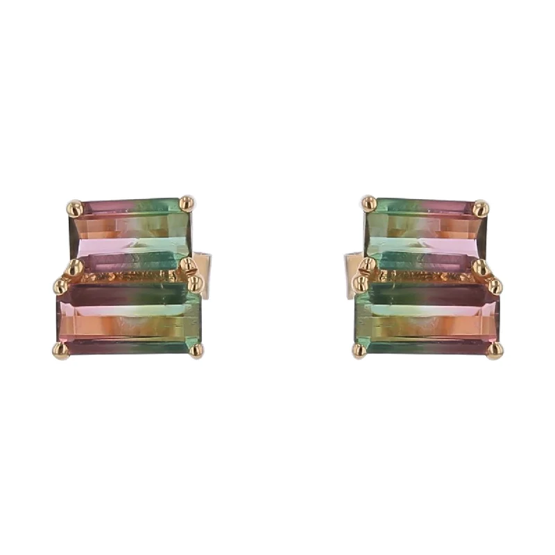 sapphire earrings for women-1.04Ct Bi-Color Tourmaline Stacked Stud Earrings in 14k Yellow Gold