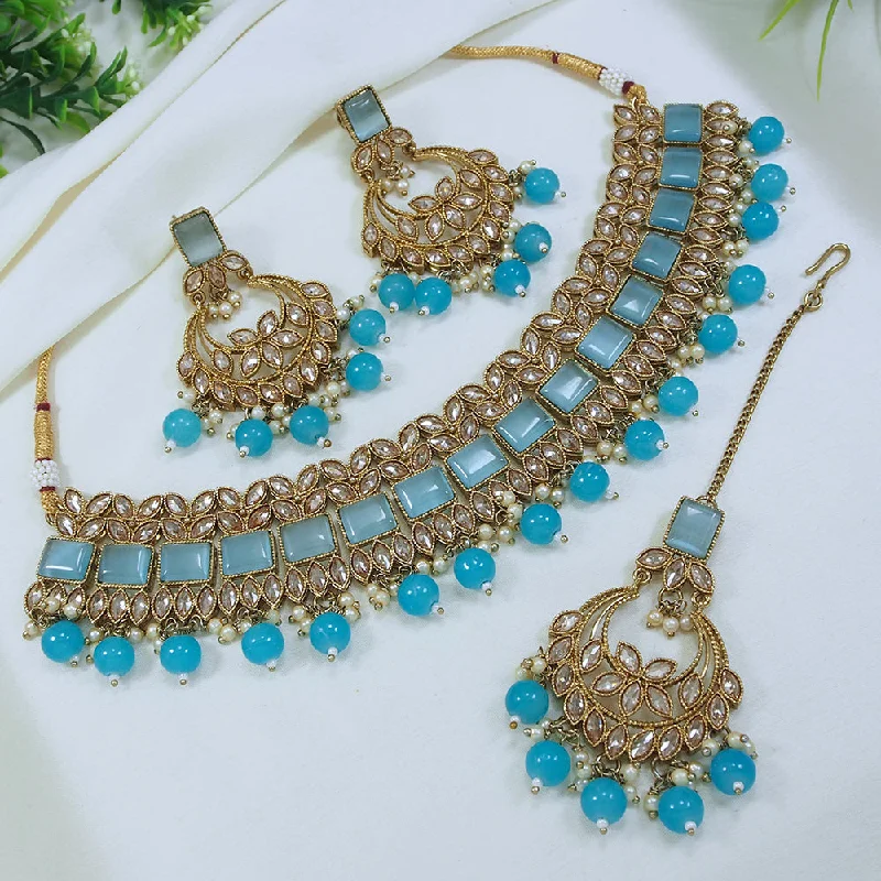 lockets for women-LALSO Stunning Mehendi Gold plated AD/Zircon Work Necklace Jewelry Set With Maangtika