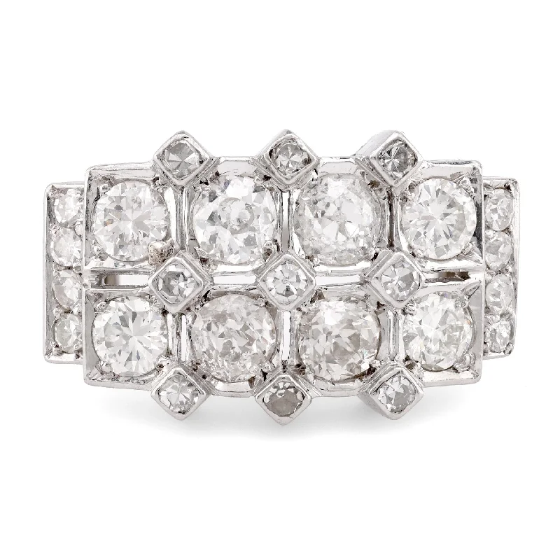 anniversary rings for women-Art Deco Style Diamond Platinum Two Row Ring