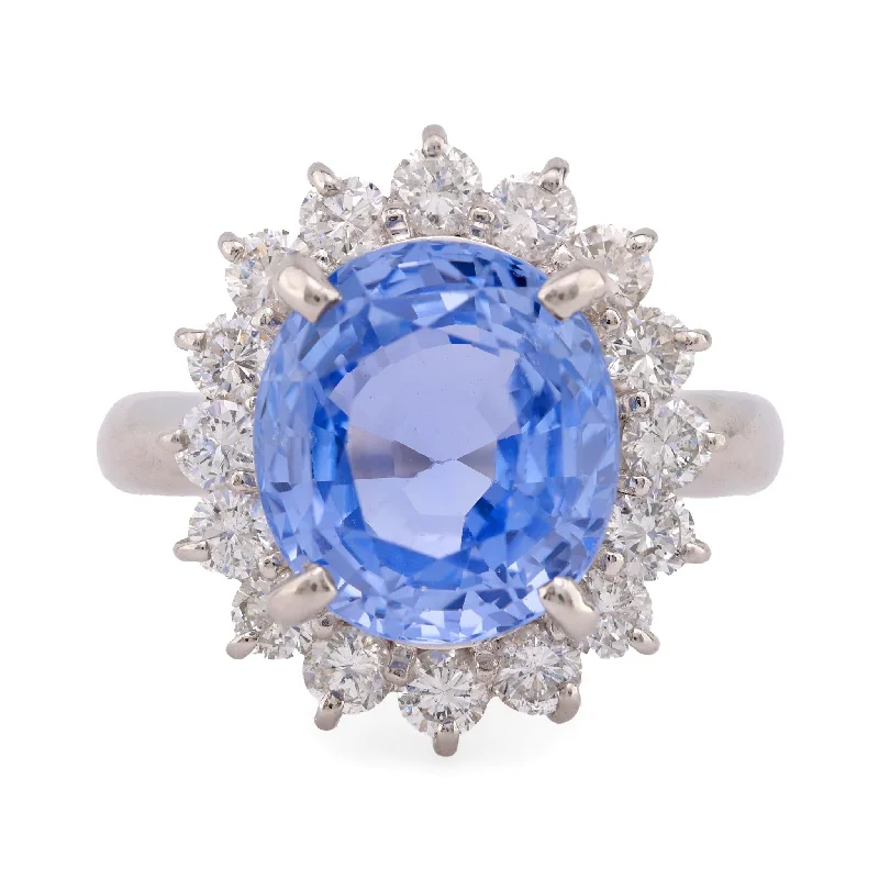 double rings for women-Vintage GIA 7.45 Carat No Heat Sapphire Diamond Platinum Halo Ring