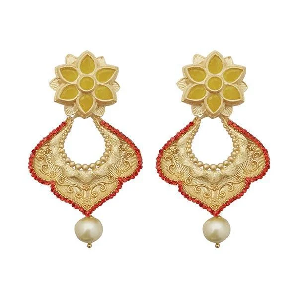 elegant pearl earrings for women-Kriaa Red Austrian Stone Pearl Drop Gold Plated Dangler Earrings - 1313117C