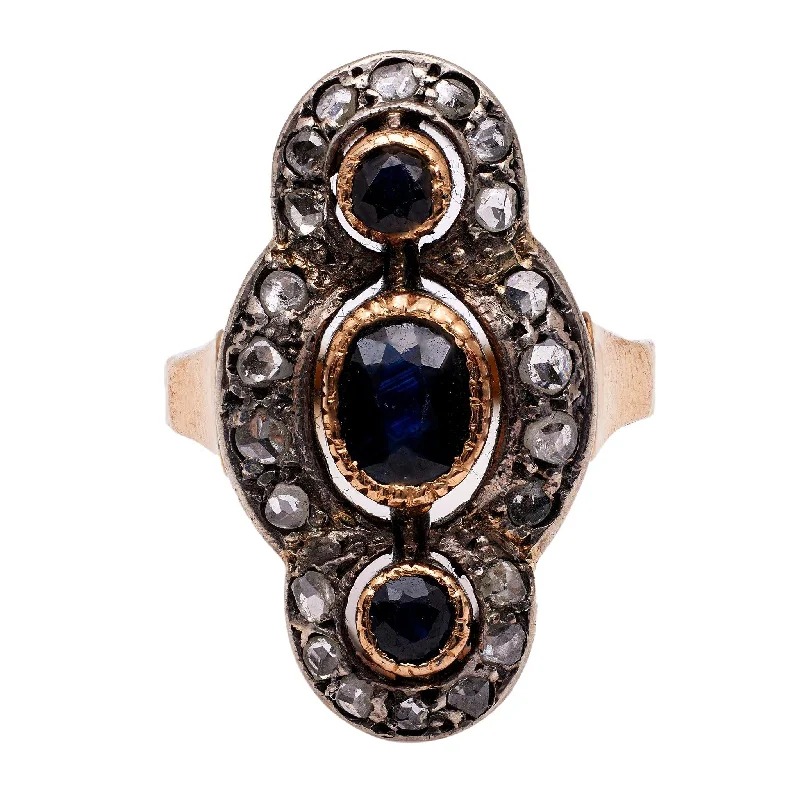 statement rings for women-Late Victorian Sapphire Diamond 18k Yellow Gold Silver Navette Ring