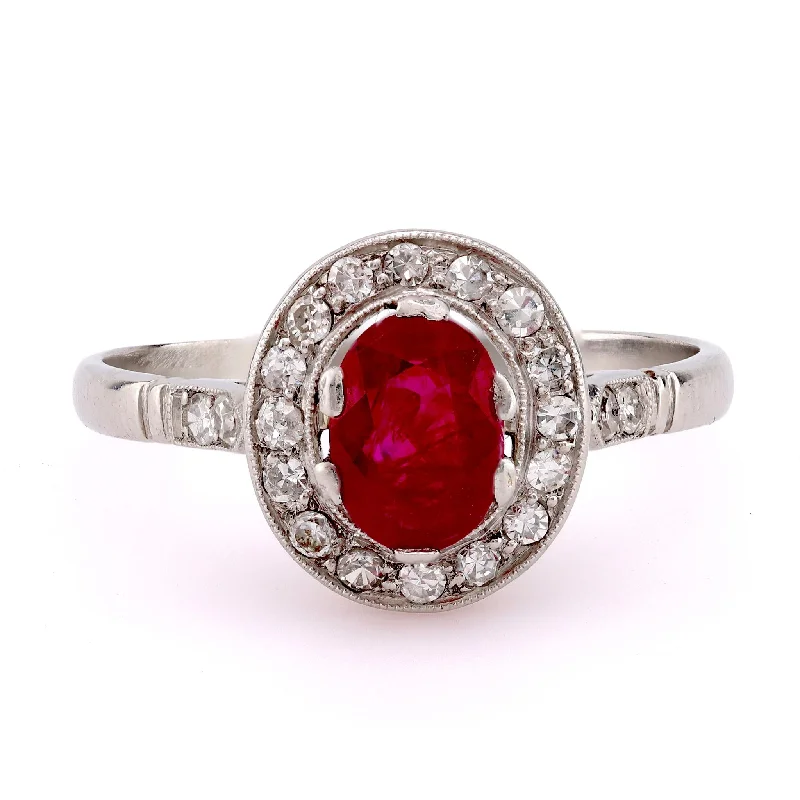 double rings for women-Art Deco Inspired 1.03 Carat Ruby Diamond Platinum Cluster Ring