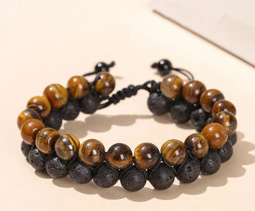 1a Natural Yellow Tiger's Eye Volcanic Rock Woven Double Layer Bracelet