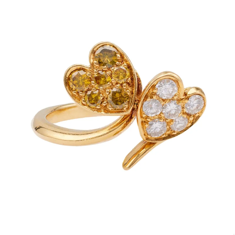 platinum rings for women-Vintage French Diamond 18k Yellow Gold Double Heart Ring