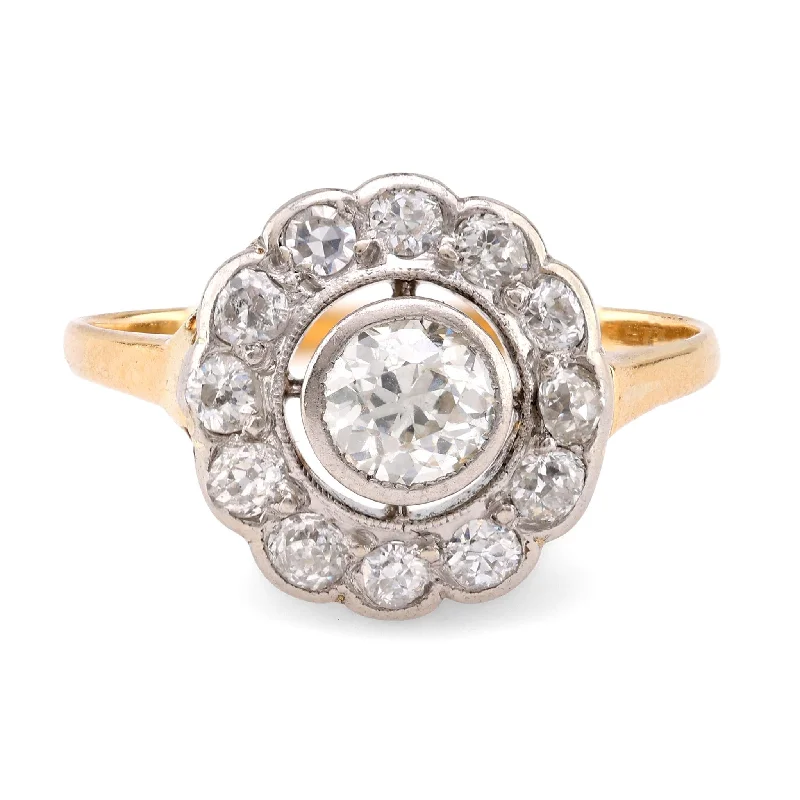 silver rings for women-Edwardian Diamond 18K Yellow White Gold Target Ring