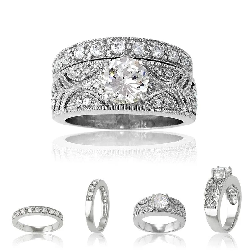 bridal set engagement rings for women-Sterling Silver Designed Clear CZ Ring Wedding Band - W-8035