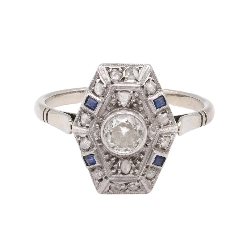 sapphire rings for women-Art Deco Old European Cut Diamond Sapphire 18k White Gold Shield Ring