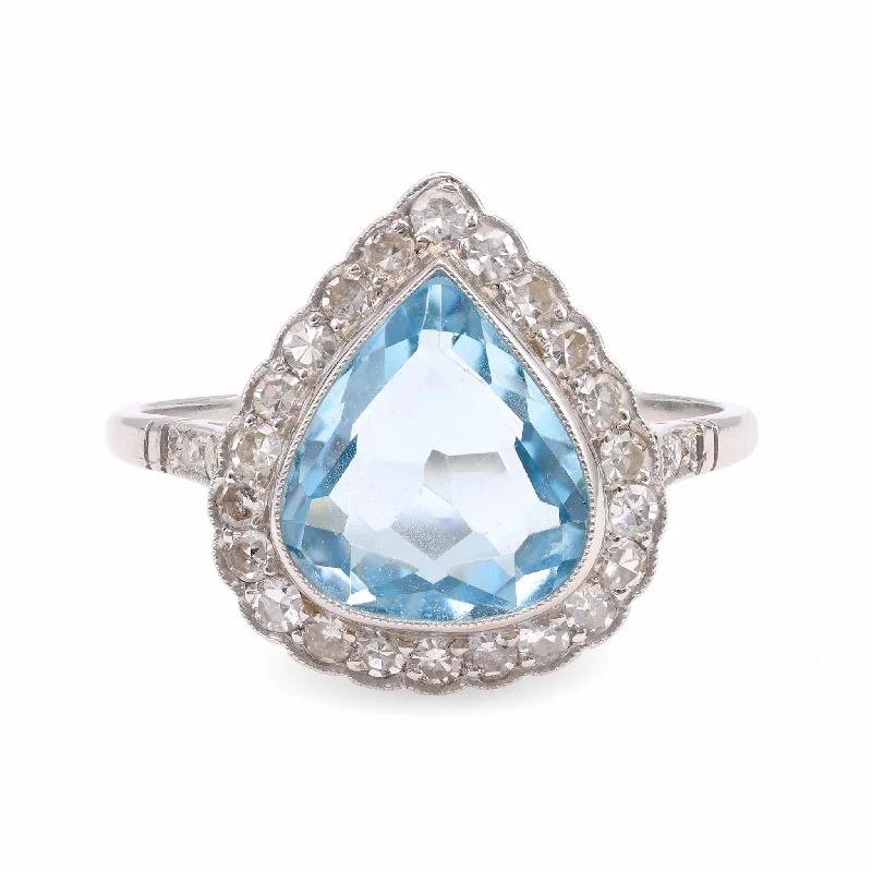 infinity rings for women-Art Deco Inspired 2.14 Carat Aquamarine Diamond Platinum Cluster Ring