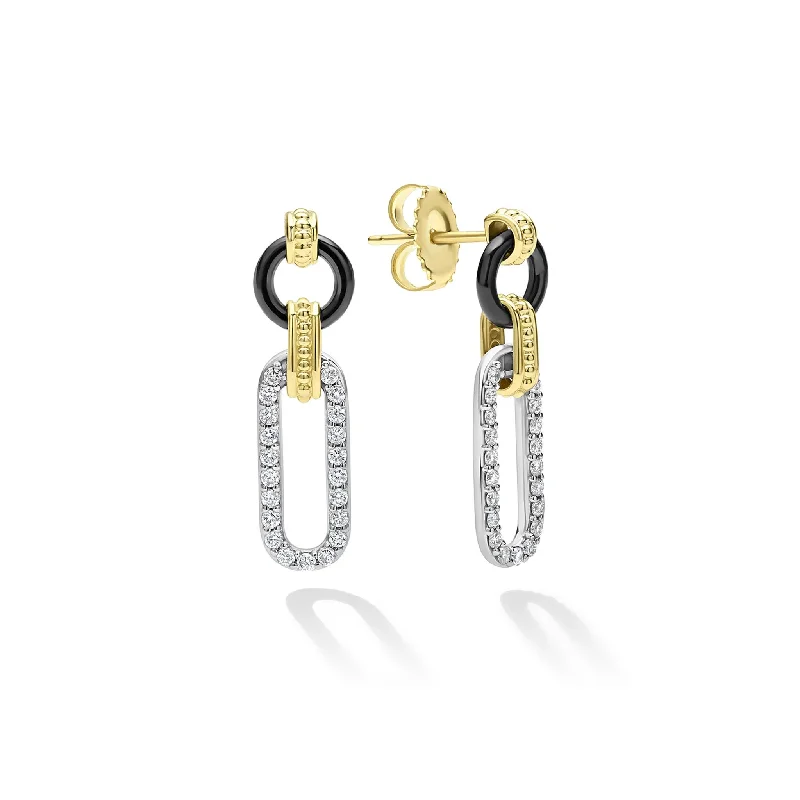 wedding earrings for women-Caviar Black Ceramic and Diamond Oval Links Circle Top 15mm Drop Earrings in Sterling Silver and18K Yellow Gold