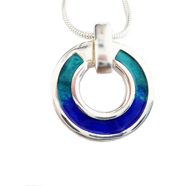 gemstone pendant necklaces for women-OPEN ROUND OCEAN ENAMEL NECKLACE IN STERLING SILVER