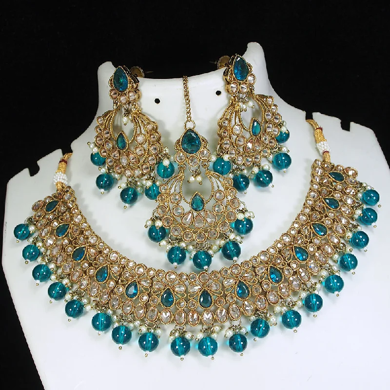 ruby necklaces for women-LALSO Designer Mehendi Gold plated AD/Zircon Work Necklace Jewelry Set With Maangtika