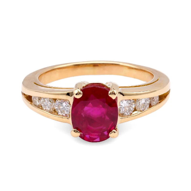 adjustable rings for women-Vintage French GIA 1.56 Carat Burma Ruby Diamond 18K Yellow Gold Ring