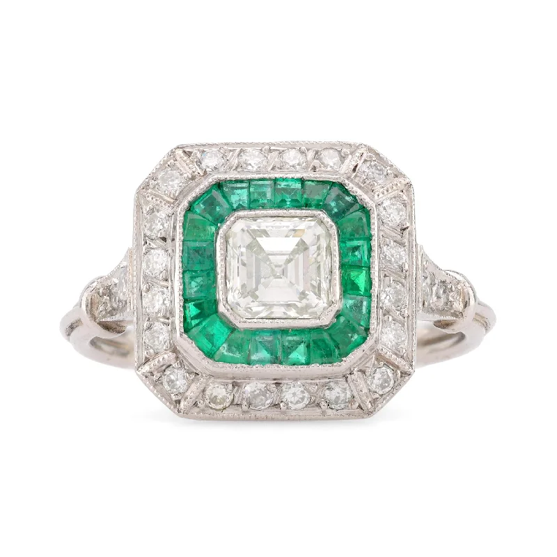 minimalist rings for women-Art Deco Style Diamond Emerald Platinum Square Halo Ring