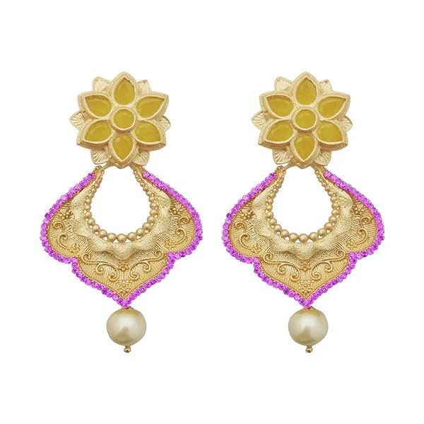 retro earrings for women-Kriaa Pink Austrian Stone Pearl Drop Gold Plated Dangler Earrings - 1313117B