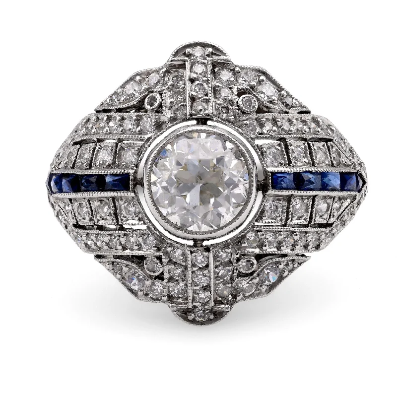 adjustable gemstone rings for women-Art Deco Inspired 1 Carat Diamond Sapphire Platinum Ring