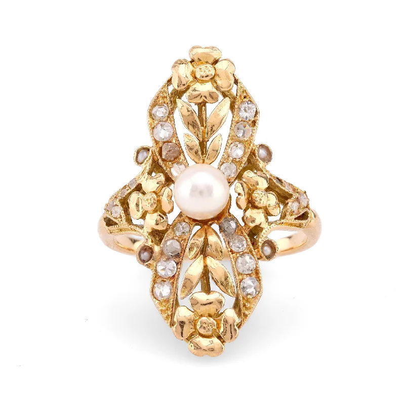 custom rings for women-Vintage French Pearl Diamond 18K Yellow Gold Cocktail Ring