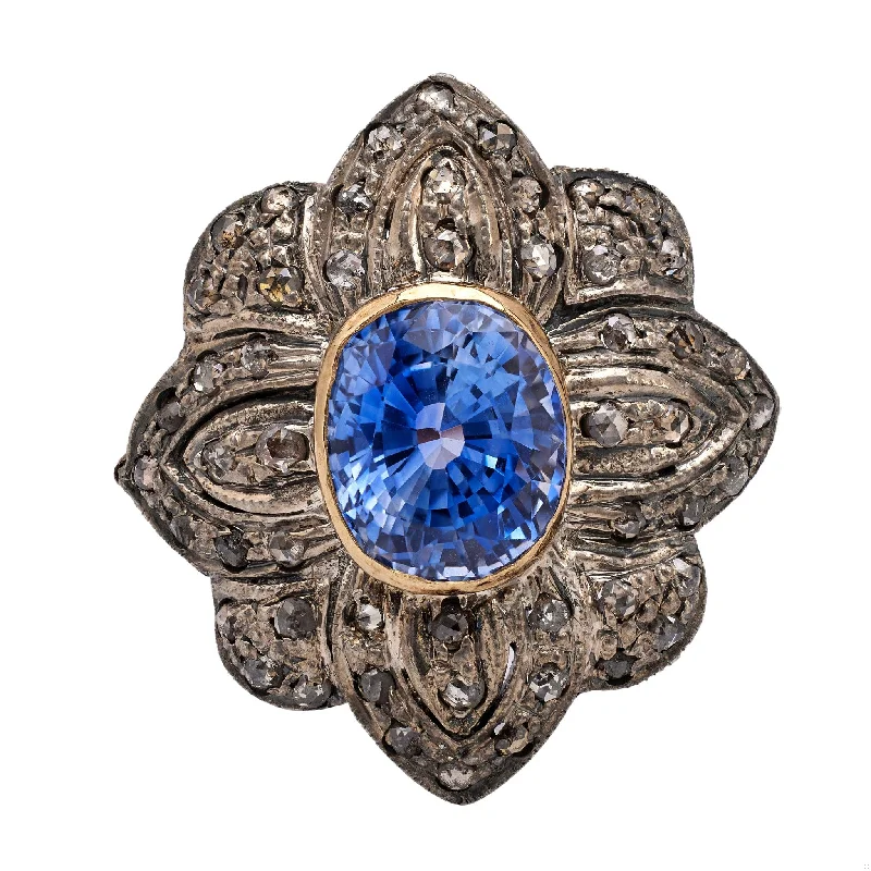 handmade rings for women-Antique Portuguese Sapphire and Diamond Gold Silver Ring