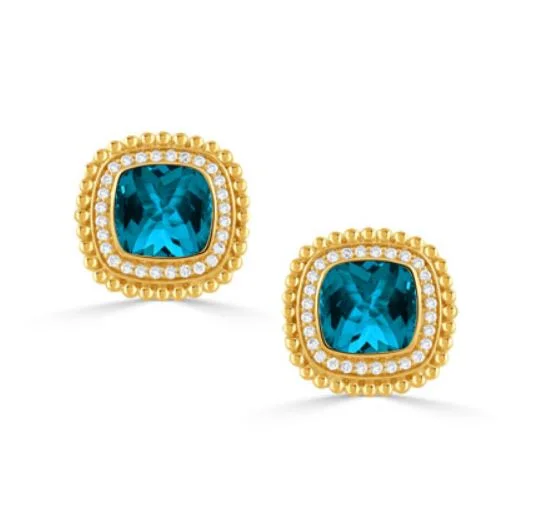 cubic zirconia hoop earrings for women-Justinian 2.15Ct Blue Topaz and 0.24Ct Diamond Halo Stud Earrings in 18k Yellow Gold