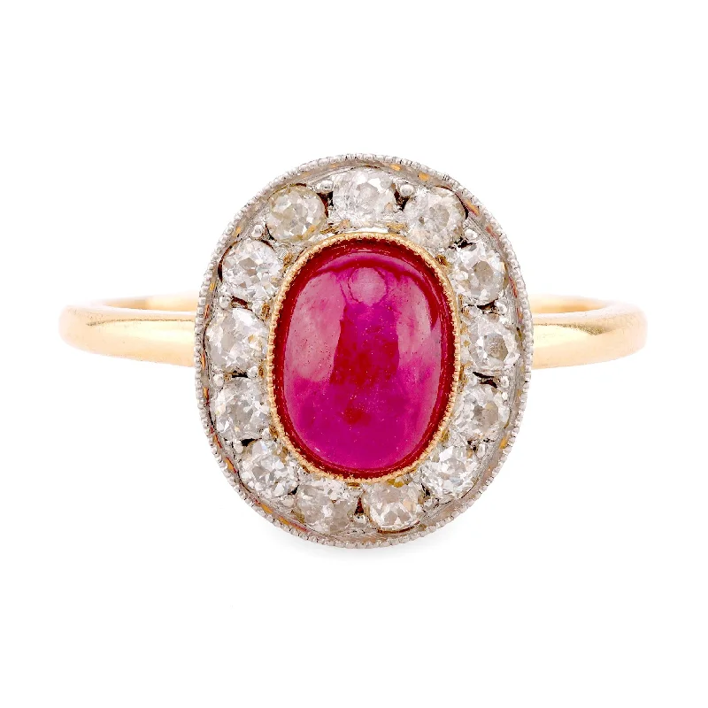 geometric rings for women-Edwardian Style Ruby Diamond 18K Yellow Gold Cluster Ring