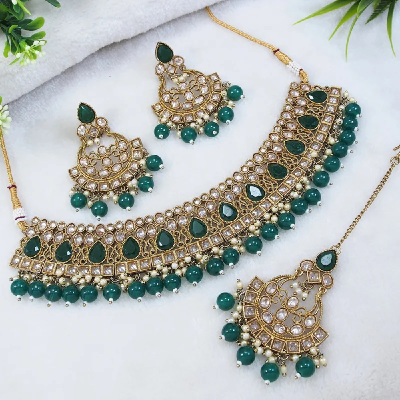 diamond necklaces for brides-LALSO Designer Mehendi Gold plated AD/Zircon Work Necklace Jewelry Set With Maangtika