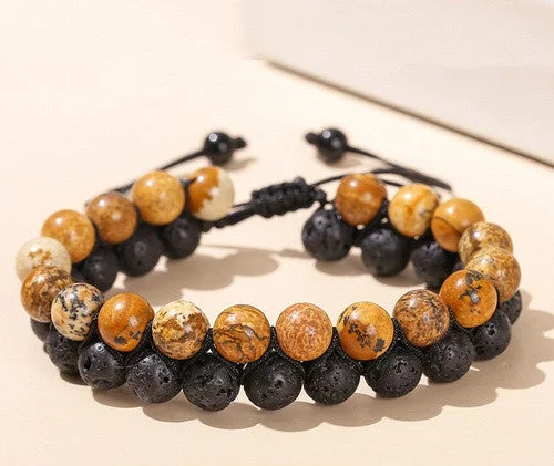 Natural Drawing Stone Volcanic Rock Woven Double-Layer Bracelet