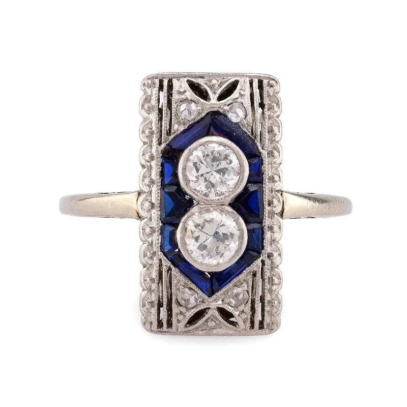 band rings for women-Art Deco Diamond Sapphire 18K White Gold Two Stone Ring