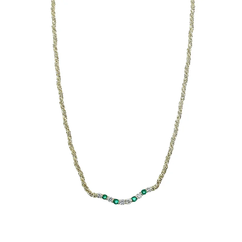 name necklaces for women-14K Yellow Gold Diamond and Emerald Curved Bar Necklace