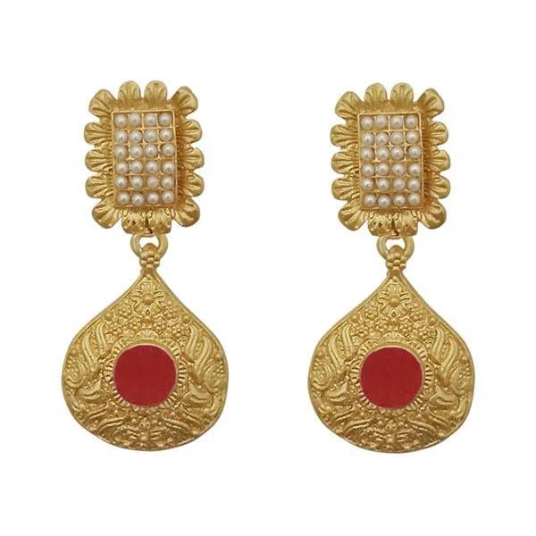 drop earrings for women-Kriaa Maroon Pota Stone Gold Plated Pearl Dangler Earrings - 1313110B