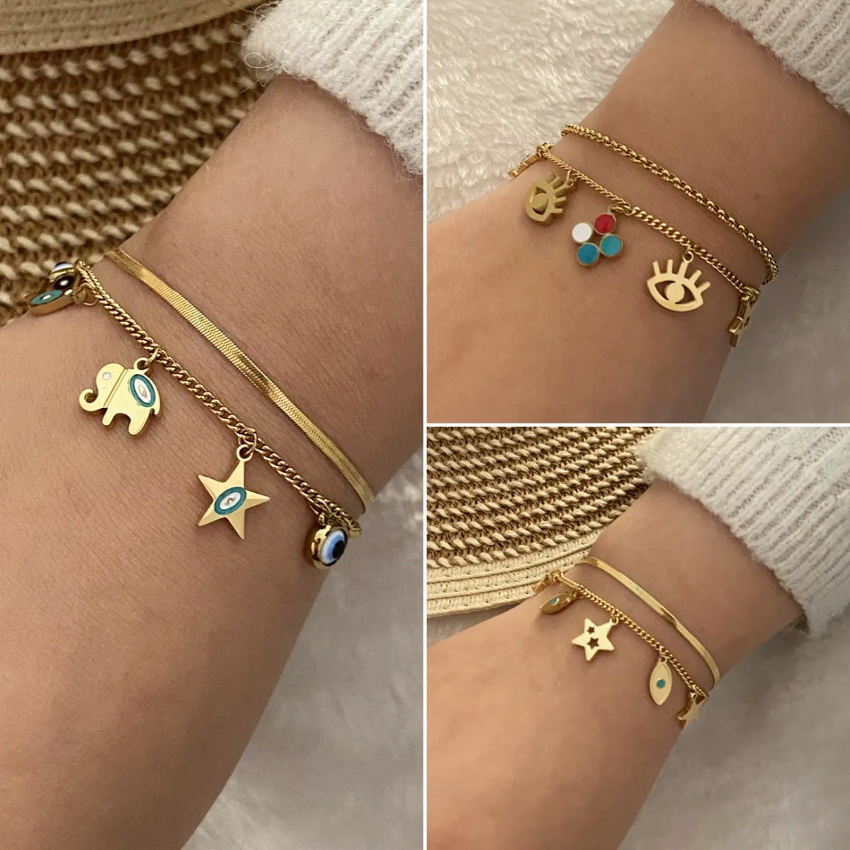 boho bracelets for women-Stainless Steel 18K Gold Plated IG Style Cute Devil's Eye Star Elephant Enamel Hollow Out Bracelets