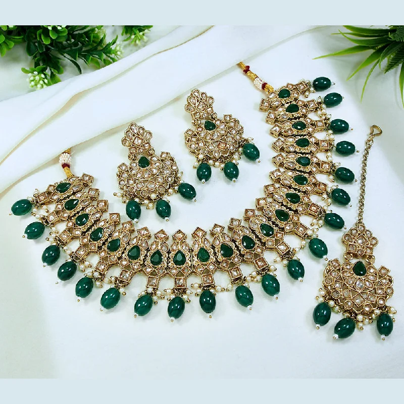 geometric necklaces for women-LALSO Stunning Gold plated Zircon Work Necklace Jewelry Set With Maangtika