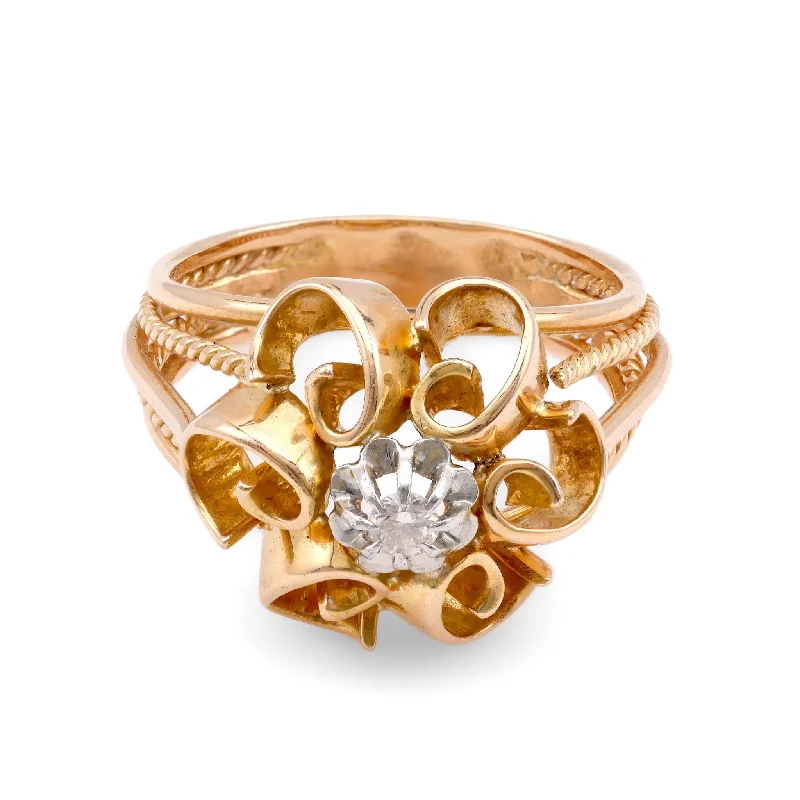 pear-shaped rings for women-Retro French Diamond Yellow Gold and Platinum Floral Cocktail Ring