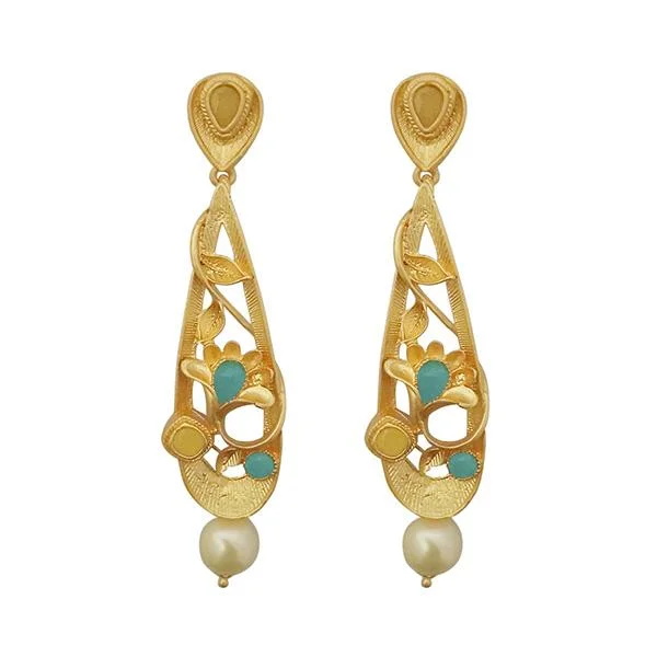 princess cut earrings for women-Kriaa Blue Austrian Stone Pearl Drop Gold Plated Dangler Earrings - 1313115E