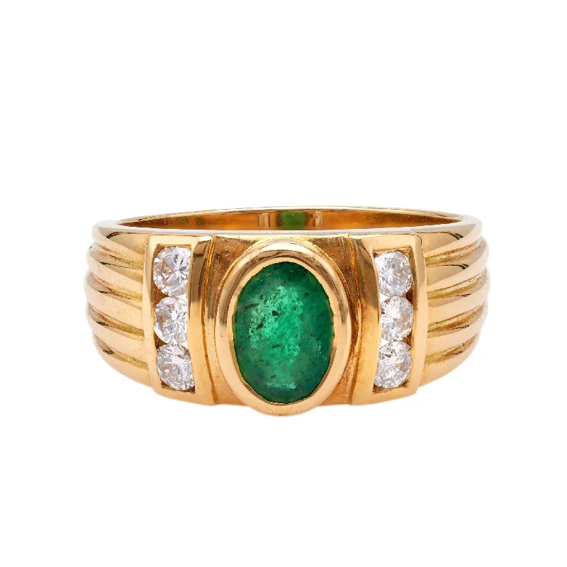 luxury rings for women-Vintage French Emerald and Diamond 18k Yellow Gold Ring