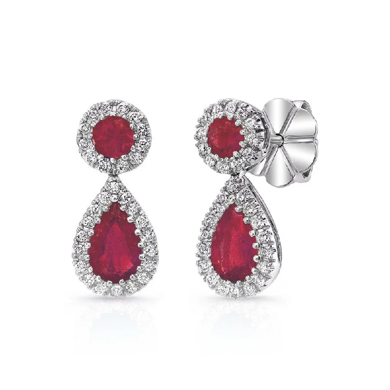 large hoop earrings for women-60 0.25ct Round Diamonds and 4 1.35ct Rubies Drop Earrings in 14K White Gold