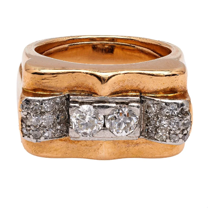 wedding bands for women-Retro French Diamond 18k Rose Gold Platinum Tank Ring