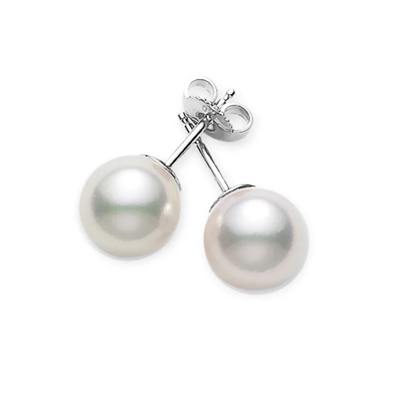 gemstone drop earrings for women-18K WHITE GOLD 2 7-7.5MM ROUND WHITE AKOYA AA PEARL EVERYDAY ESSENTIALS STUD EARRINGS