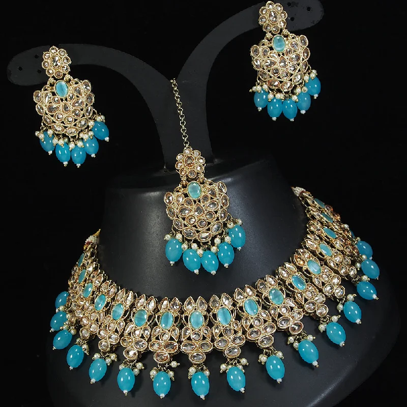 silver chain necklaces for women-LALSO Stunning Gold plated Zircon Work Necklace Jewelry Set With Maangtika