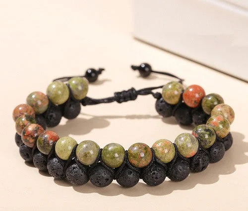 Natural Unakite Volcanic Rock Woven Double-Layer Bracelet