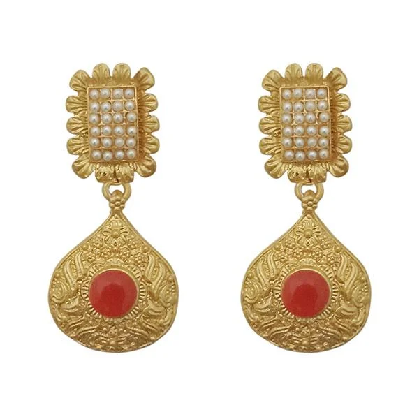 statement earrings for women-Kriaa Red Pota Stone Gold Plated Pearl Dangler Earrings - 1313110F