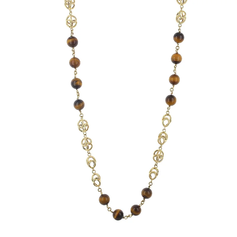 pearl necklaces for women-14K Yellow Gold Tiger's Eye and Bead Link Necklace