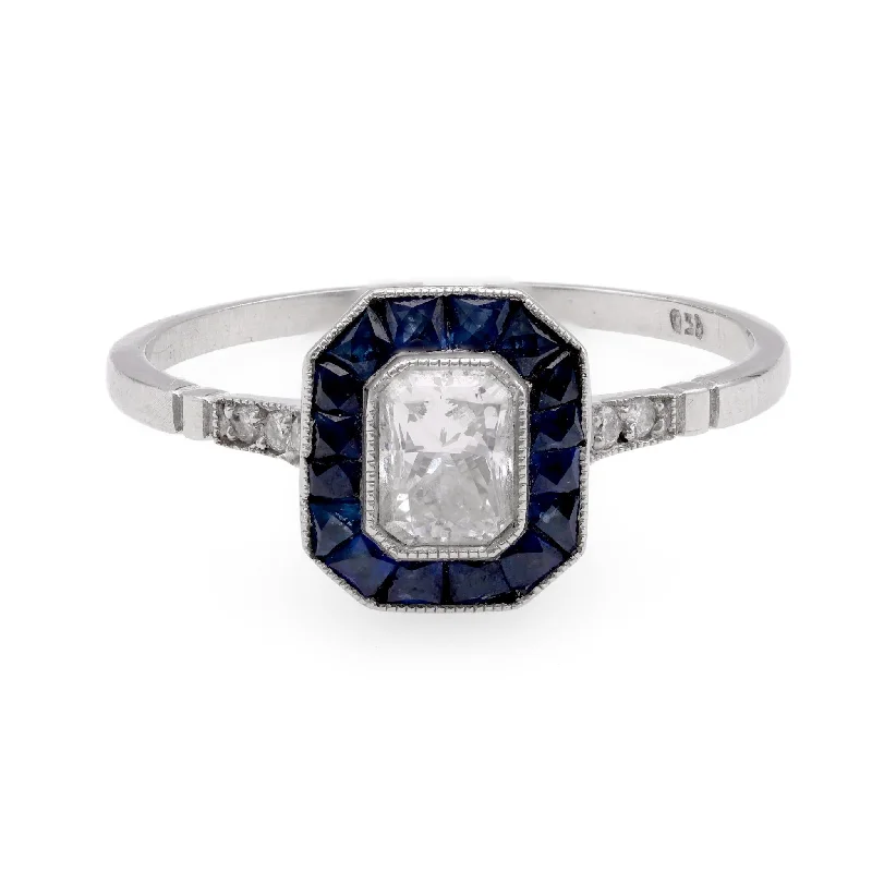 personalized rings for women-Art Deco Inspired .47 Carat Diamond Sapphire Platinum Ring