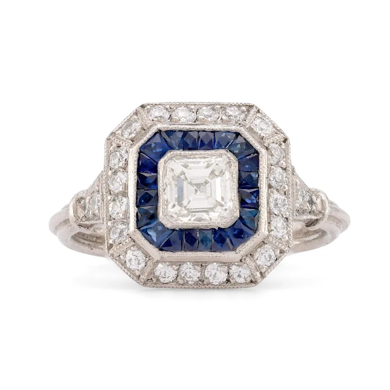 unique rings for women-Art Deco Style Diamond Sapphire Platinum Square Halo Ring